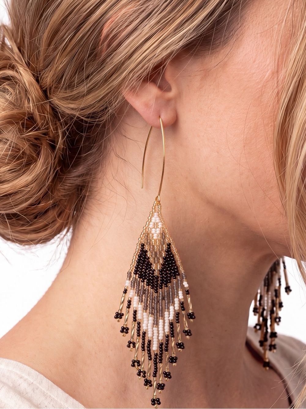 Beaded Fringe Statement Earrings Black, Gray, Gold & White Handmade NWT